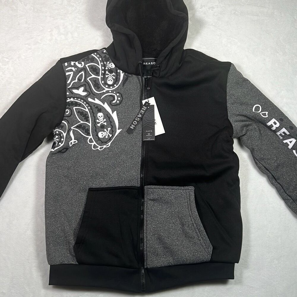 Reason brand full Zip Sherpa Sleeve‎ skull Print Hoodie sweater Men Large NWT